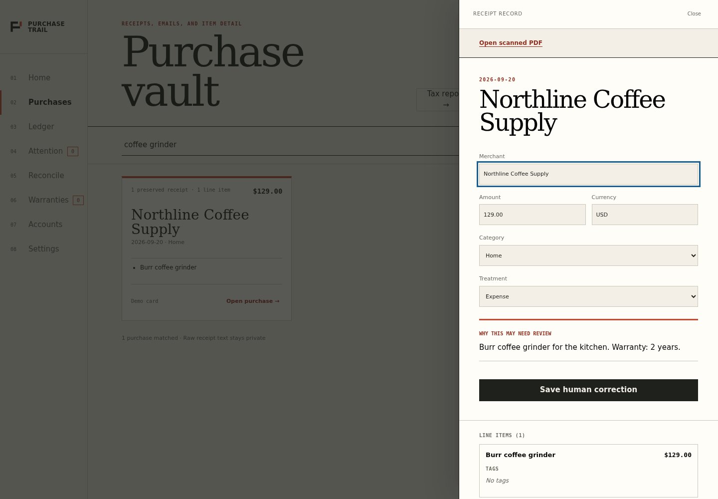 The grinder receipt with its amount, date, item details, and editable notes.