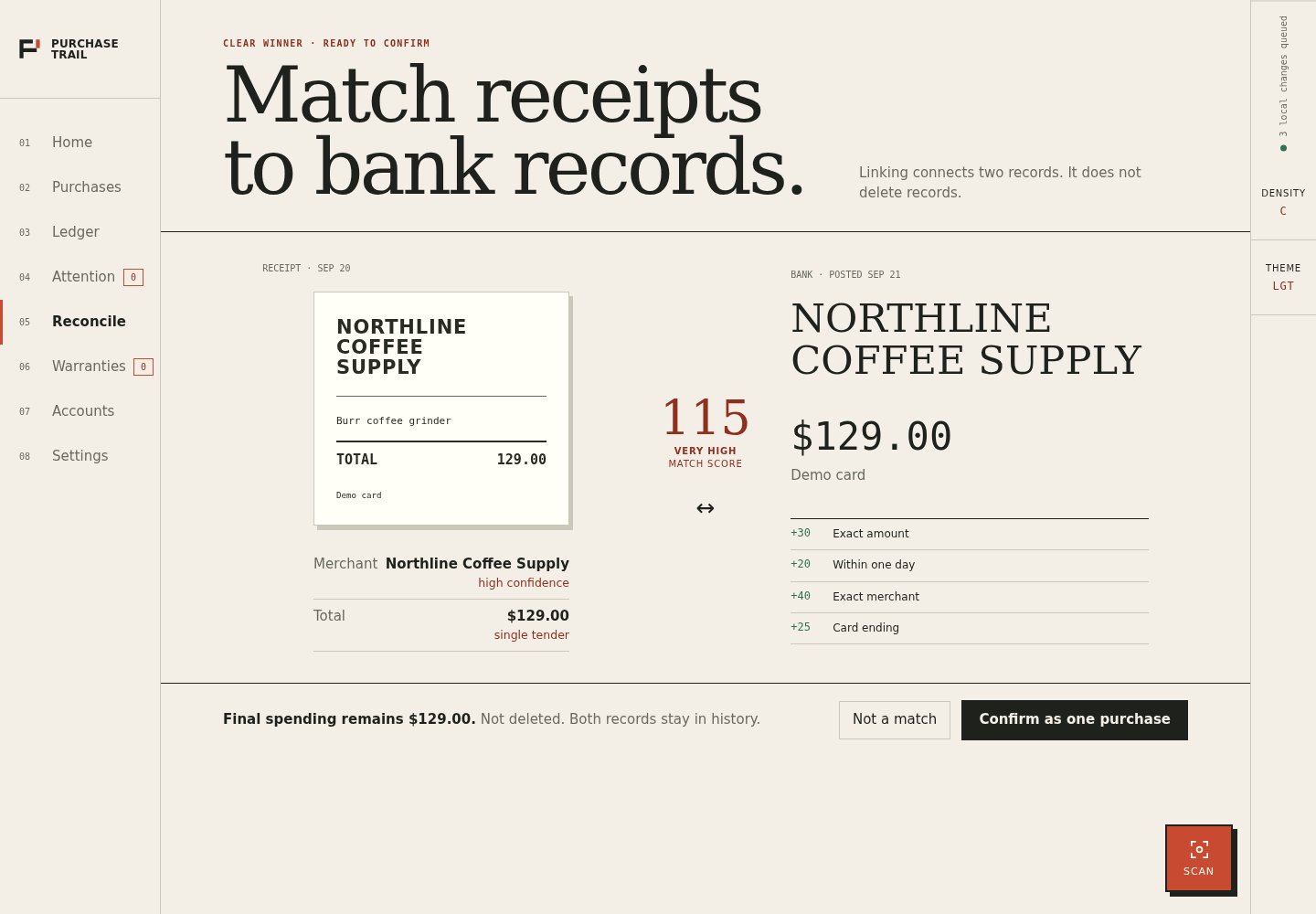 The real reconciliation screen compares the synthetic grinder receipt and account charge, with controls to confirm or reject the match.